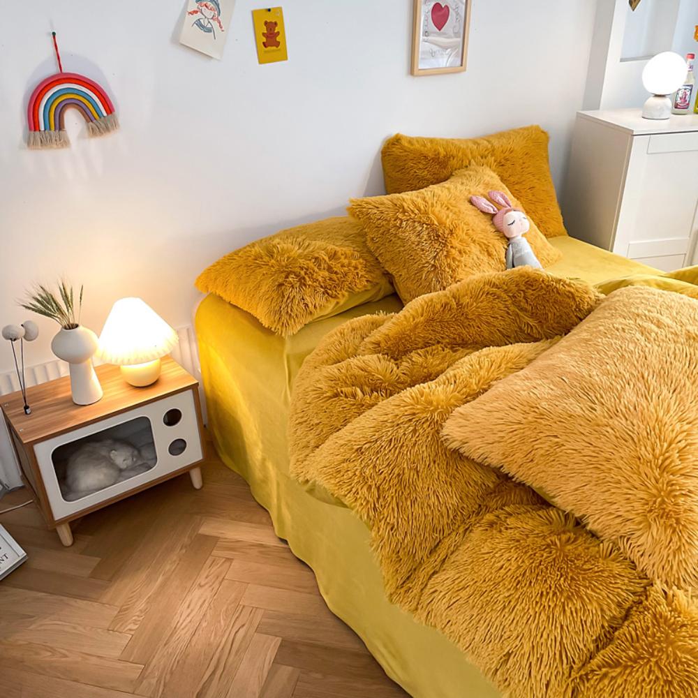 Another side angle of the VibeCore Cloud 9 Fleece Bedding Set in the color Mustard Yellow, showcasing its ultra-soft fleece fabric for ultimate comfort and cozy warmth. Ideal for creating a fresh, inviting atmosphere in your bedroom or dorm, this bedding set adds both luxury and style.