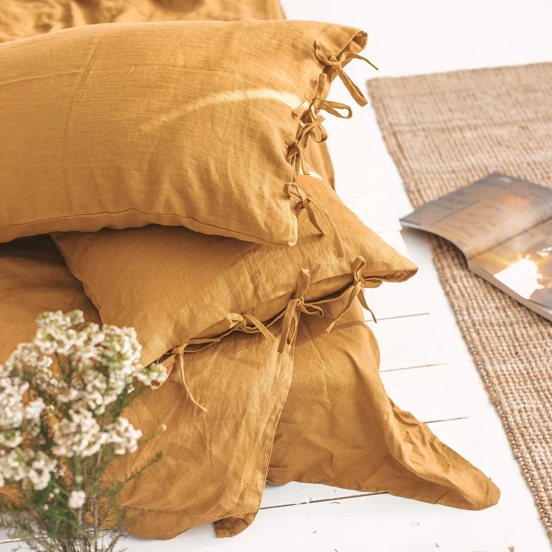 VibeCore Warm Tones Pure Linen Duvet Cover Set Camel Pillowcase Close Up