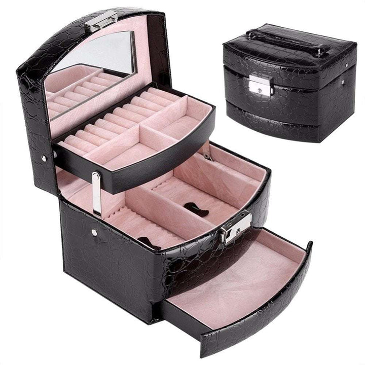 3-Layer Leather Jewelry Box Black with multiple compartments for organized jewelry storage and premium PU leather finish.