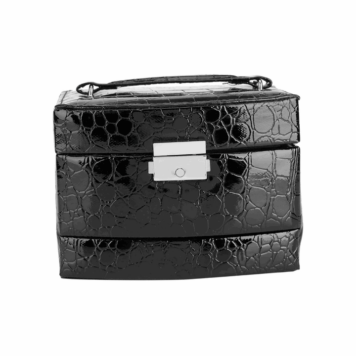 3-Layer Leather Jewelry Box Black exterior showcasing smooth PU leather surface and sleek design.