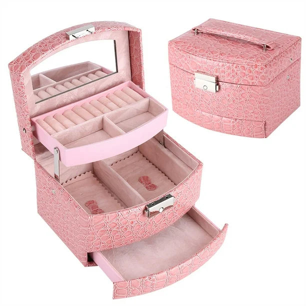 3-Layer Leather Jewelry Box Light Pink, featuring a soft pastel hue, premium PU leather exterior, and multiple compartments for organized jewelry storage.