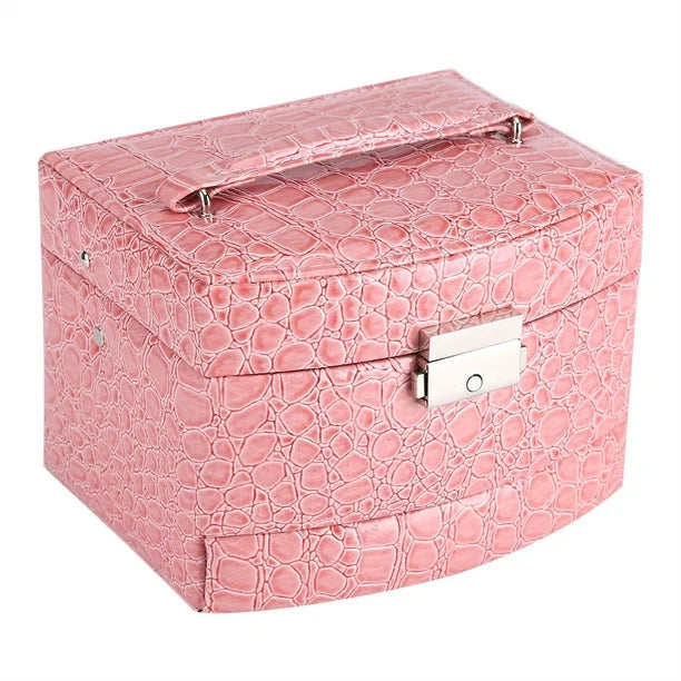 3-Layer Leather Jewelry Box Light Pink closed, featuring a secure lock and sleek, compact design for organized storage.