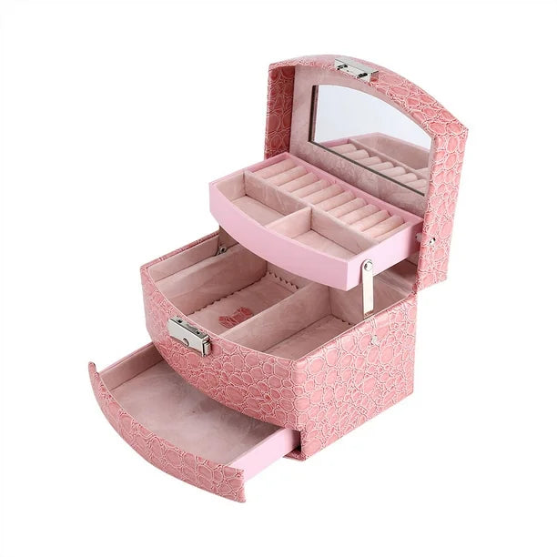 3-Layer Leather Jewelry Box Light Pink, showing a sleek design with premium PU leather and multiple compartments for storing rings, earrings, and accessories.