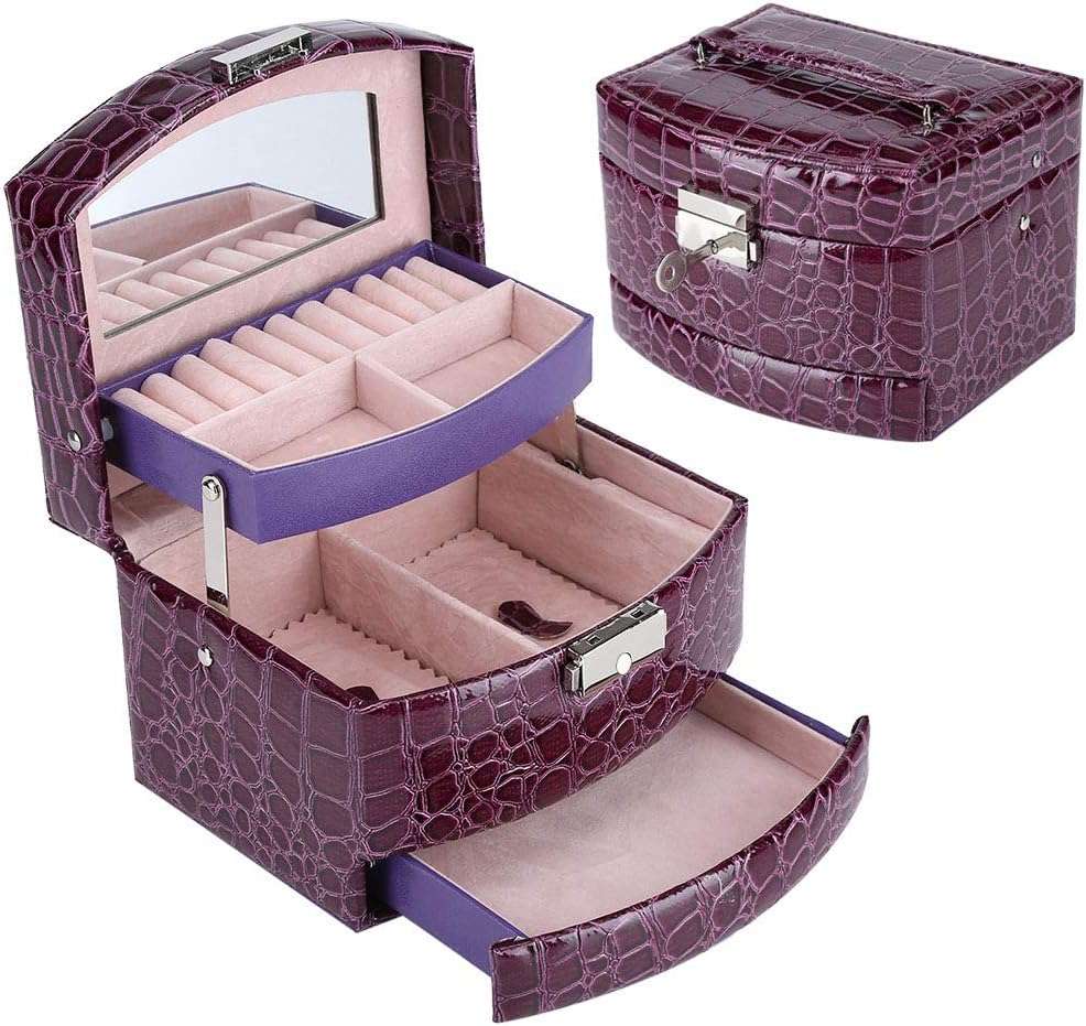 Elegant 3-Layer Leather Jewelry Box in Purple with built-in mirror, lockable storage, and multiple compartments for rings, earrings, and accessories. Perfect for travel and vanity organization. Stylish and durable PU leather design.