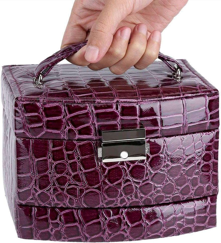 3-Layer Leather Jewelry Box in Purple with a sleek PU leather exterior, secure lock, and compact design for stylish and durable jewelry storage.