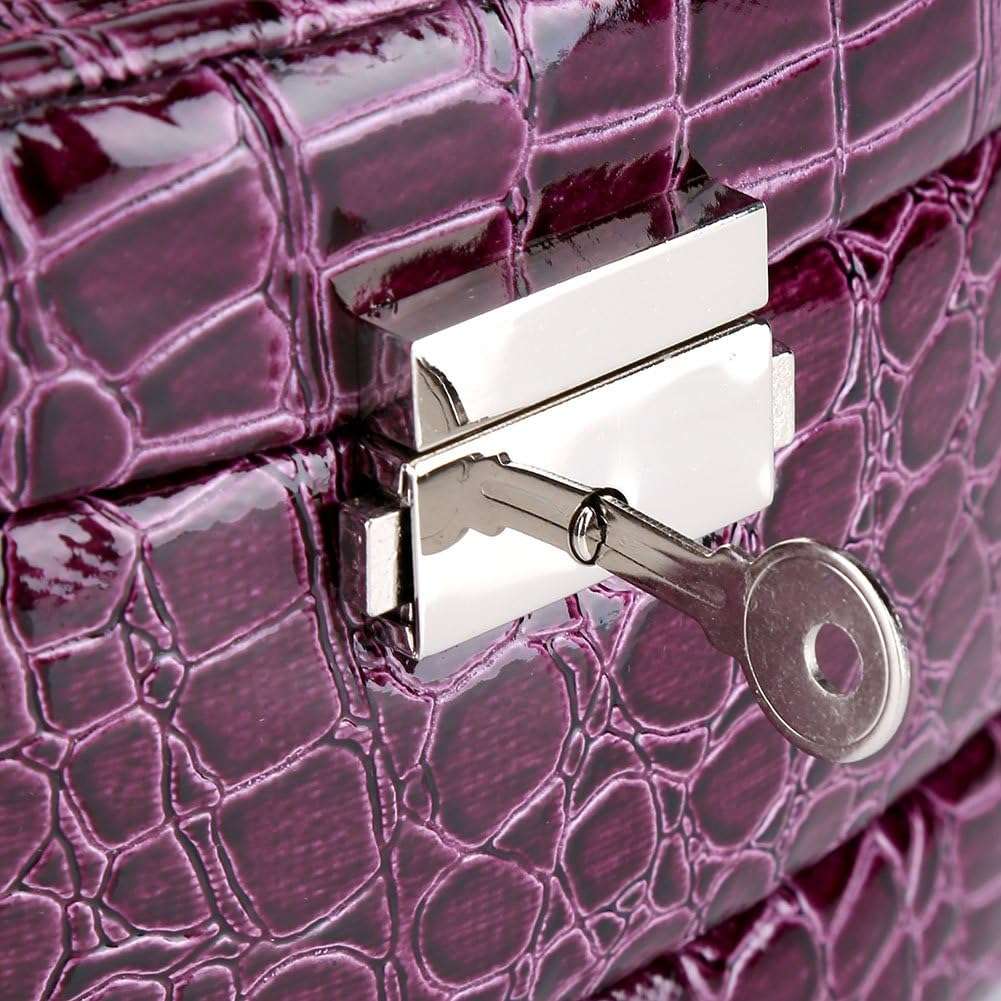 3-Layer Leather Jewelry Box Purple with secure lock feature for added safety and protection of jewelry.