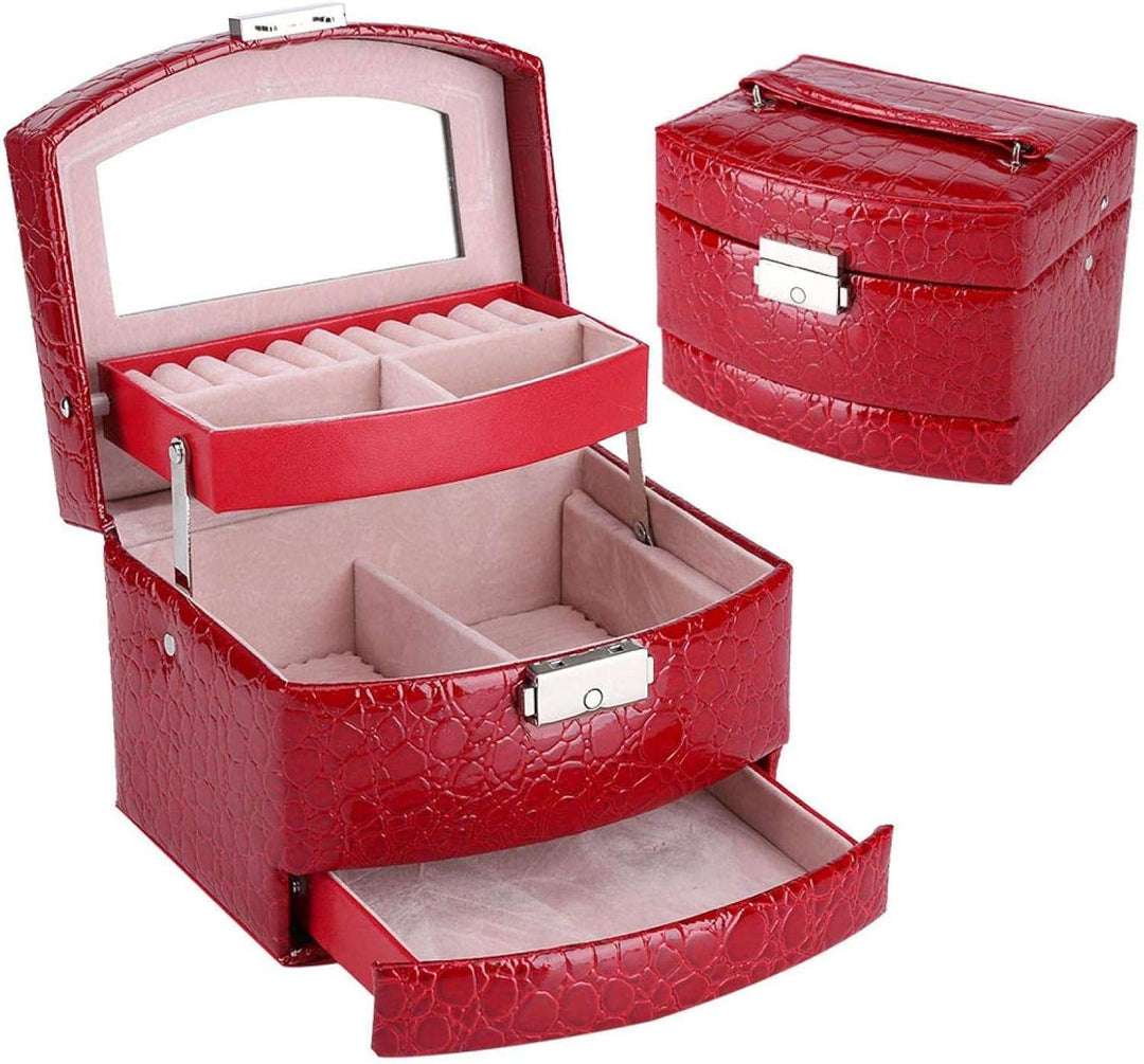 3-Layer Leather Jewelry Box Red with a sleek PU leather exterior and secure lock closure.
