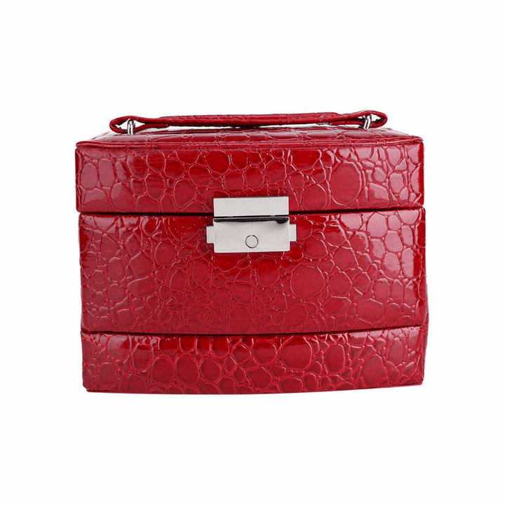 3-Layer Leather Jewelry Box Red closed, featuring a compact and secure design with a lock for safe jewelry storage.