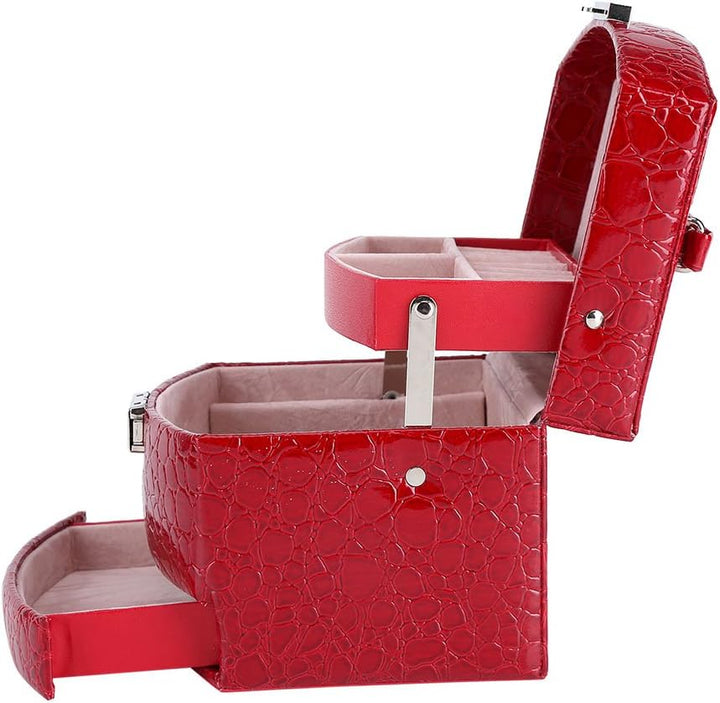 3-Layer Leather Jewelry Box Red side view showcasing sleek design and multiple compartments for organized jewelry storage.
