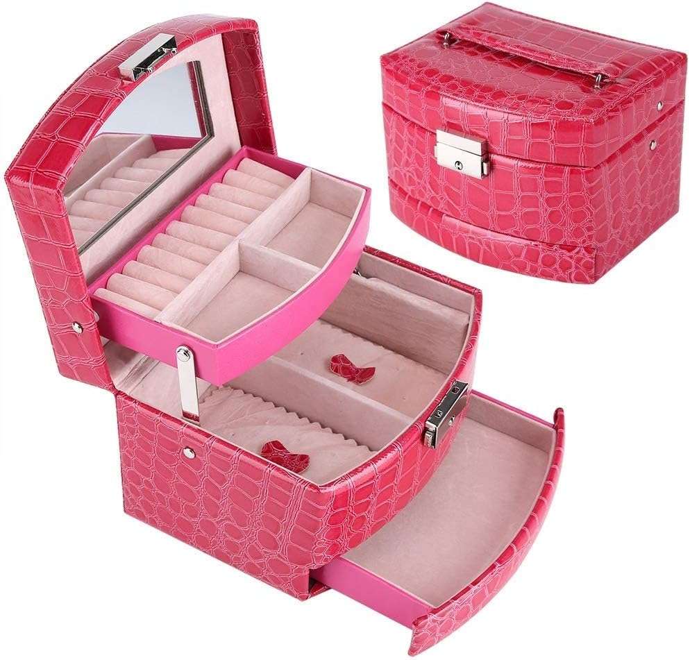 3-Layer Leather Jewelry Box Rose Red, featuring a vibrant, premium PU leather exterior with spacious compartments for organized jewelry storage.
