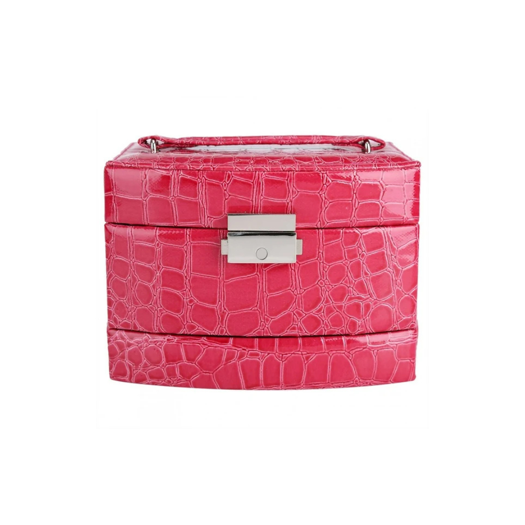 3-Layer Leather Jewelry Box Rose Red closed, featuring a sleek, compact design with a secure lock for safe and stylish jewelry storage.