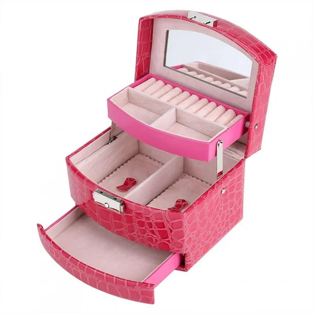 3-Layer Leather Jewelry Box Rose Red, showcasing a sleek exterior with a premium PU leather finish, designed for organized jewelry storage with multiple compartments.