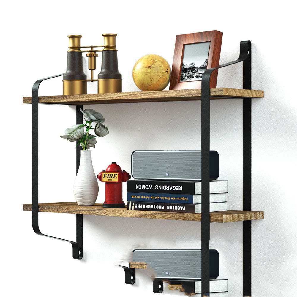 Full product view featuring two sturdy Paulownia wood shelves with black matte steel framing. Perfect for organizing decor, books, or plants in any room.
