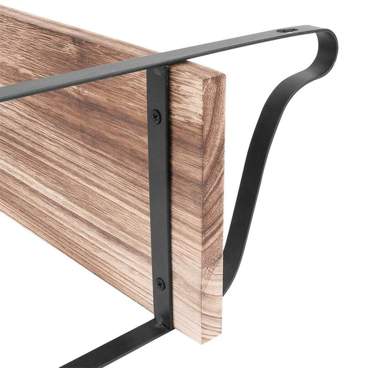Close-up of the durable Paulownia wood and black matte steel materials, showcasing the sturdy construction and rustic finish. Keywords: rustic shelf, Paulownia wood, matte steel, floating shelf, heavy duty, close-up, industrial decor, durable materials, home organization, sturdy shelf.