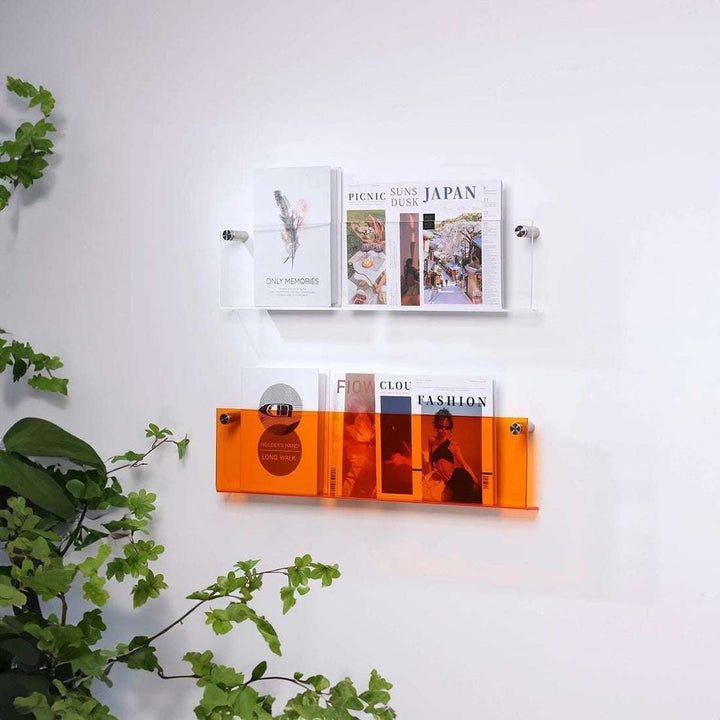 VibeCore Acrylic Wall Mounted Floating Magazine Shelf in orange and transparent, alternative front view highlighting the sleek design and versatile storage for magazines or decor.