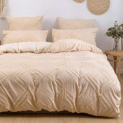 Close-up aerial view of the VibeCore Aesthetic Free Spirit Tufted Duvet Cover Set in beige, showcasing its detailed tufted pattern and soft texture, perfect for adding a relaxed, boho-chic touch to any bedroom or dorm.