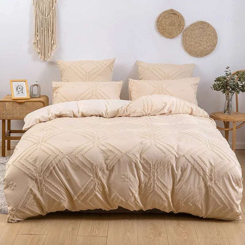 Aerial view of the VibeCore Aesthetic Free Spirit Tufted Duvet Cover Set in beige, highlighting the plush tufted texture and the soft, neutral tones. This bedding set exudes a relaxed, boho-chic vibe perfect for creating a cozy, serene bedroom atmosphere.