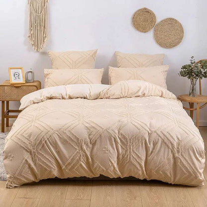 Aerial view of the VibeCore Aesthetic Free Spirit Tufted Duvet Cover Set in beige, highlighting the plush tufted texture and the soft, neutral tones. This bedding set exudes a relaxed, boho-chic vibe perfect for creating a cozy, serene bedroom atmosphere.