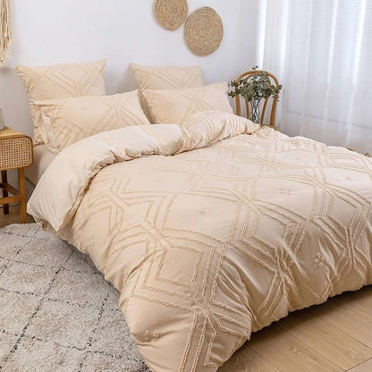 Angled aerial view of the VibeCore Aesthetic Free Spirit Tufted Duvet Cover Set in beige, highlighting its plush tufted texture and soft, neutral tones. The duvet cover’s modern yet bohemian design brings a cozy, relaxed vibe to the bedroom or dorm.