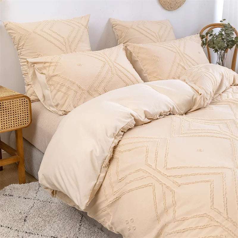 Right side view of the VibeCore Aesthetic Free Spirit Tufted Duvet Cover Set in beige, showcasing its textured tufted design and soft, inviting fabric. The cozy, neutral tones bring a relaxed and bohemian flair to any bedroom or dorm.