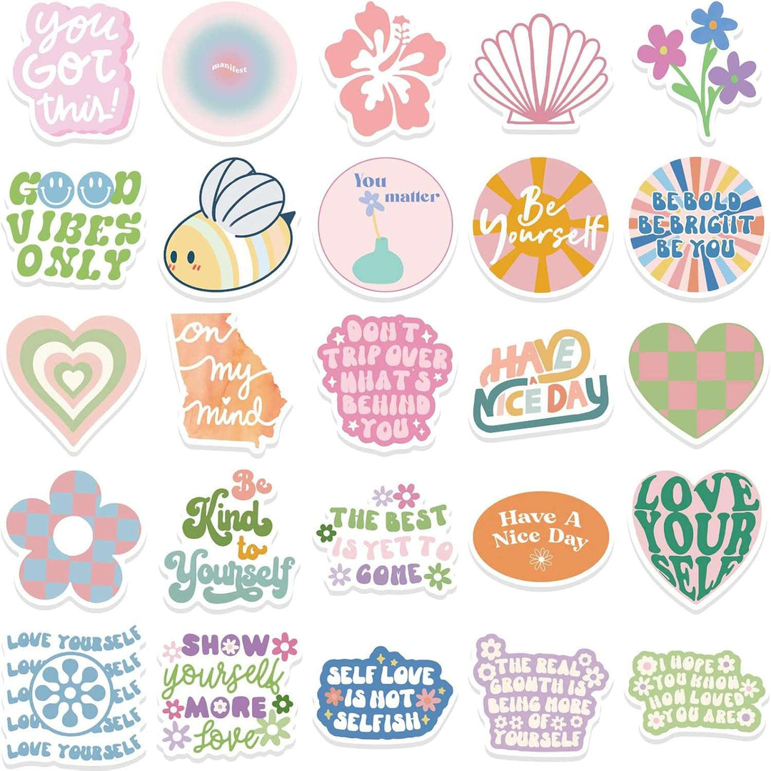 VibeCore Danish Pastel Quotes Motivational Stickers featuring 20 unique, high-quality stickers with positive quotes and aesthetic designs. Durable, fade-resistant, and perfect for personalizing laptops, water bottles, phone cases, and more. Easy to apply with residue-free removal.