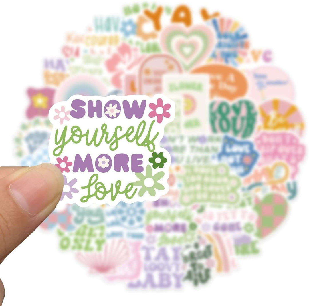 Close-up of a VibeCore Danish Pastel Quotes Motivational Sticker featuring the empowering quote "Show Yourself More Love." Vibrant, durable, and fade-resistant, ideal for personalizing laptops, water bottles, notebooks, and more. Easy to apply and residue-free.