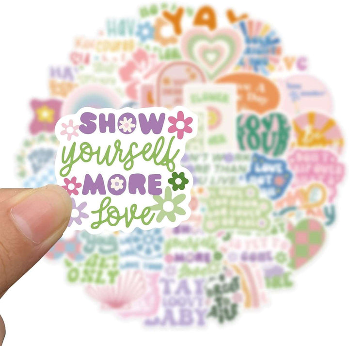 Close-up of a VibeCore Danish Pastel Quotes Motivational Sticker featuring the empowering quote "Show Yourself More Love." Vibrant, durable, and fade-resistant, ideal for personalizing laptops, water bottles, notebooks, and more. Easy to apply and residue-free.