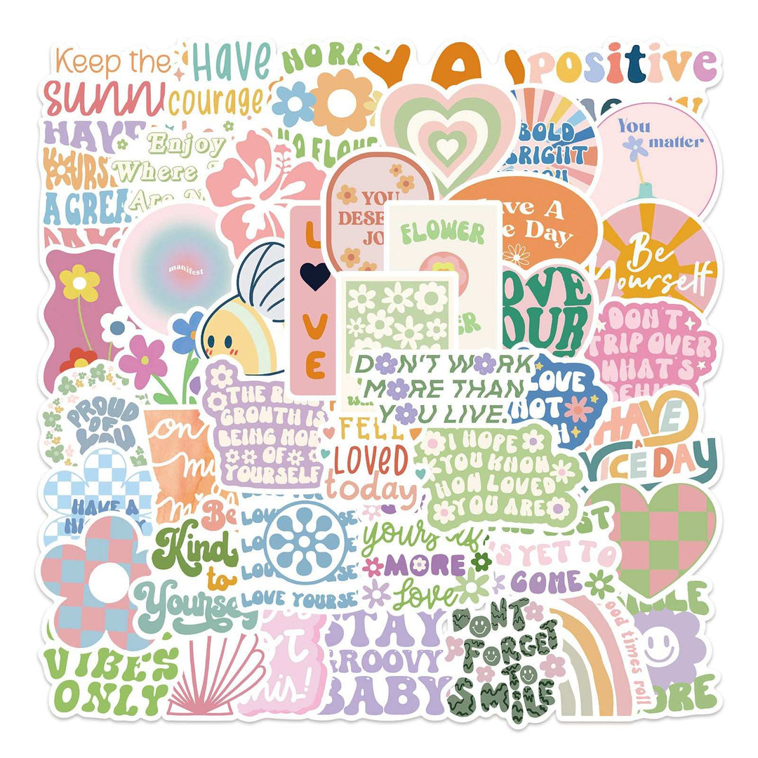 A square cluster of VibeCore Danish Pastel Quotes Motivational Stickers, showcasing vibrant, positive quotes and aesthetic designs. Perfect for laptops, water bottles, notebooks, and more. Durable, fade-resistant, and residue-free for easy application and removal.