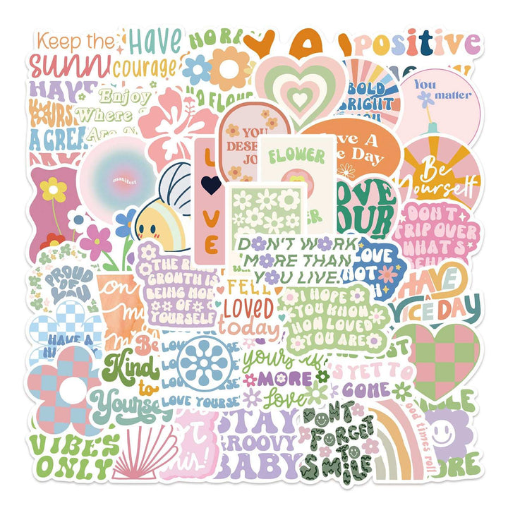 A square cluster of VibeCore Danish Pastel Quotes Motivational Stickers, showcasing vibrant, positive quotes and aesthetic designs. Perfect for laptops, water bottles, notebooks, and more. Durable, fade-resistant, and residue-free for easy application and removal.