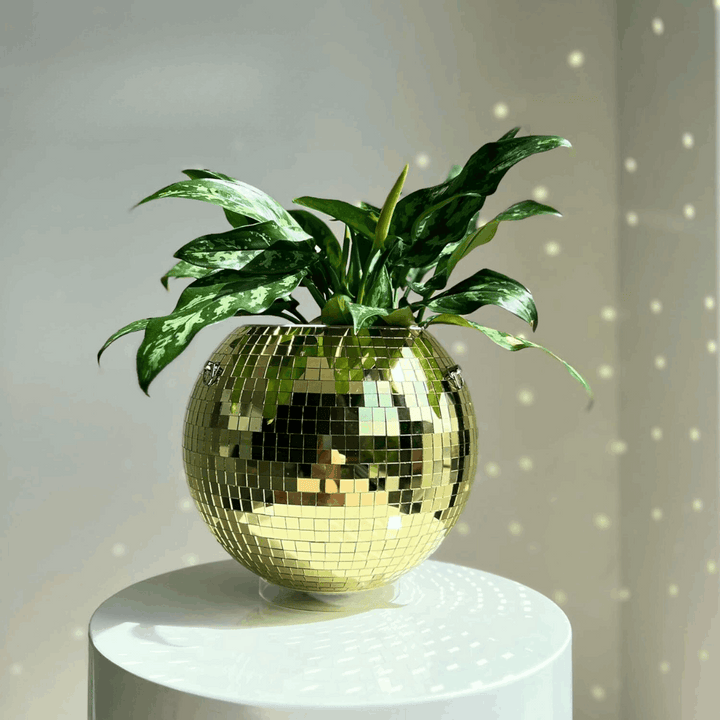 VibeCore Disco Ball Planter in gold, placed on a side table, featuring a shiny, reflective mirror-ball surface. This retro-inspired planter adds a luxurious, vibrant touch to your space while showcasing your plants in style. Perfect for enhancing the decor of your living room, bedroom, or office with its unique, eye-catching design.