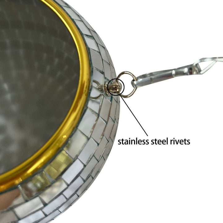 VibeCore Disco Ball Planter featuring durable stainless steel rivets for a secure and stylish design. The reflective mirror-ball surface adds a retro aesthetic, making it a unique and functional decor piece for showcasing plants in any indoor or outdoor space.