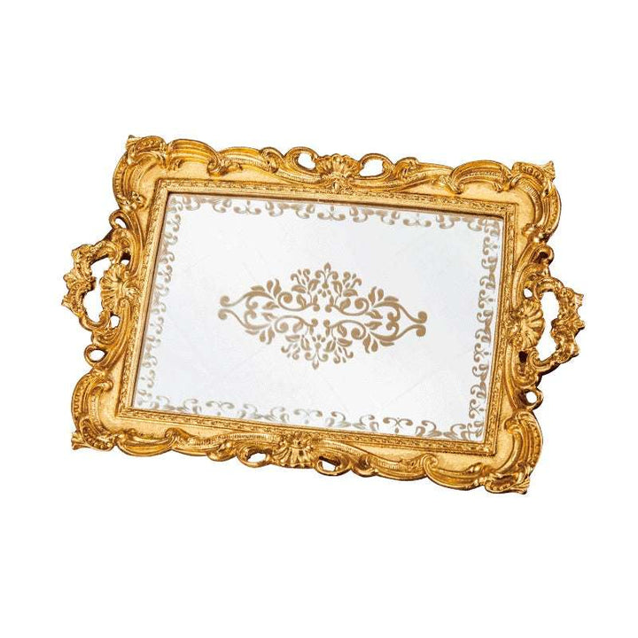 Full product view of a luxurious gold mirror tray with intricate gold detailing on the reflective surface. Perfect for coquette aesthetic decor, showcasing jewelry, perfumes, or desserts.