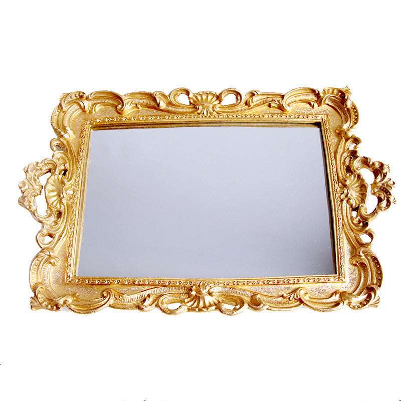 Full product view of a luxurious gold mirror tray featuring elegant gold accents and a reflective surface, perfect for coquette decor.
