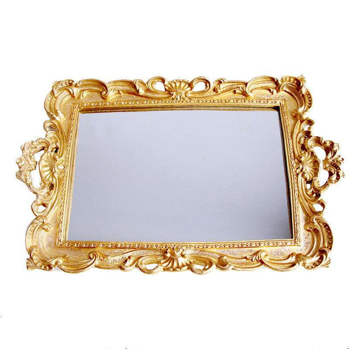 Full product view of a luxurious gold mirror tray featuring elegant gold accents and a reflective surface, perfect for coquette decor.