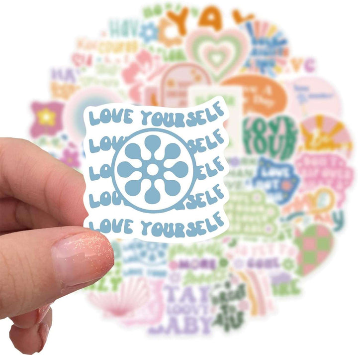 Close-up of a VibeCore Danish Pastel Quotes Motivational Sticker featuring the inspiring quote "Love Yourself." High-quality, vibrant, and fade-resistant, perfect for customizing laptops, water bottles, notebooks, and more. Easy to apply with residue-free removal.