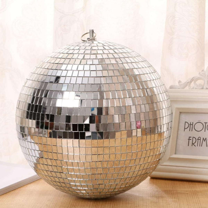 VibeCore Iconic Disco Ball close-up, showcasing its detailed mirror surface, reflecting light in a stunning and dazzling display, perfect for adding an eclectic, vibrant touch to any room.