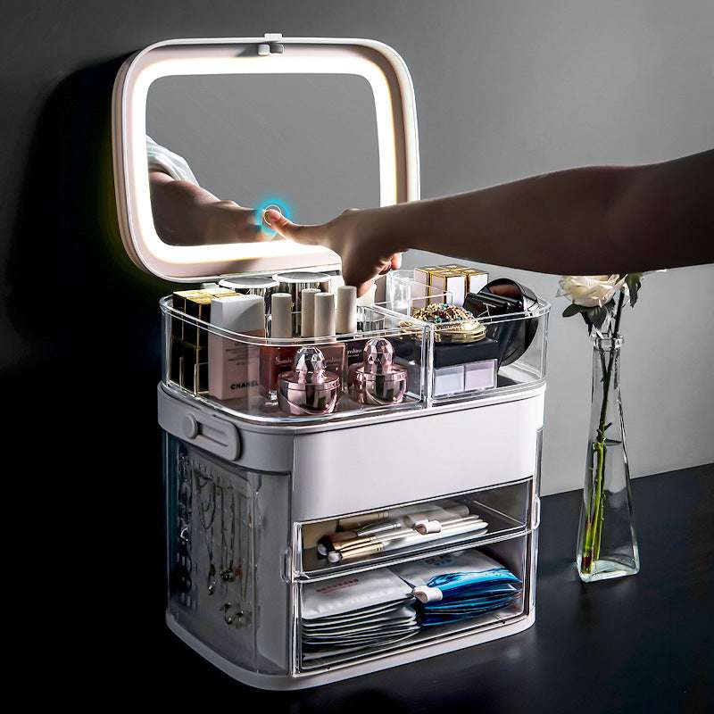 VibeCore Large Portable LED Mirror Makeup Holder, front angled view showcasing its built-in LED light, compact design, spacious compartments, and sleek travel-friendly style.