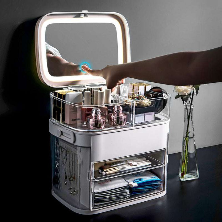VibeCore Large Portable LED Mirror Makeup Holder, front angled view showcasing its built-in LED light, compact design, spacious compartments, and sleek travel-friendly style.