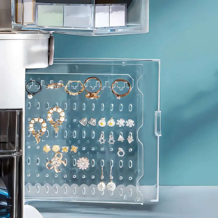 VibeCore Large Portable LED Mirror Makeup Holder showcasing its jewelry holder side feature, with compartments designed to organize and store jewelry and beauty essentials in style.