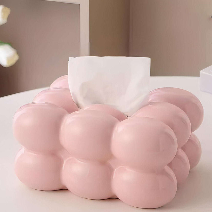 VibeCore Marshmallow Ceramic Tissue Box in pink, front-angled view, highlighting its soft, pastel color and sleek, modern design.