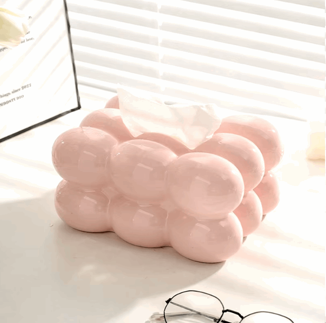 VibeCore Marshmallow Ceramic Tissue Box in pink, front view, showcasing its cute, pastel aesthetic and smooth, minimalist design.
