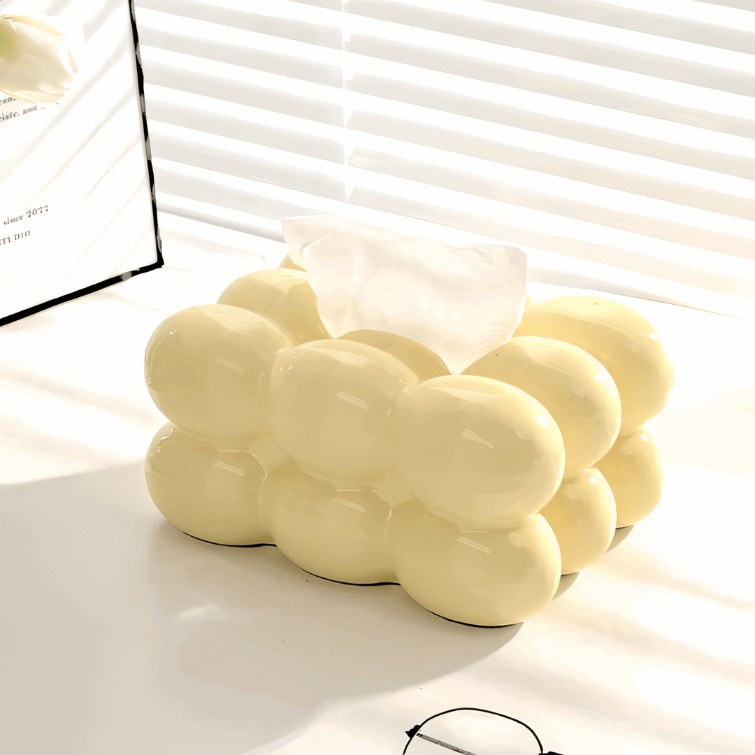 VibeCore Marshmallow Ceramic Tissue Box in yellow, front angled view, highlighting its soft pastel tone and playful, functional design.