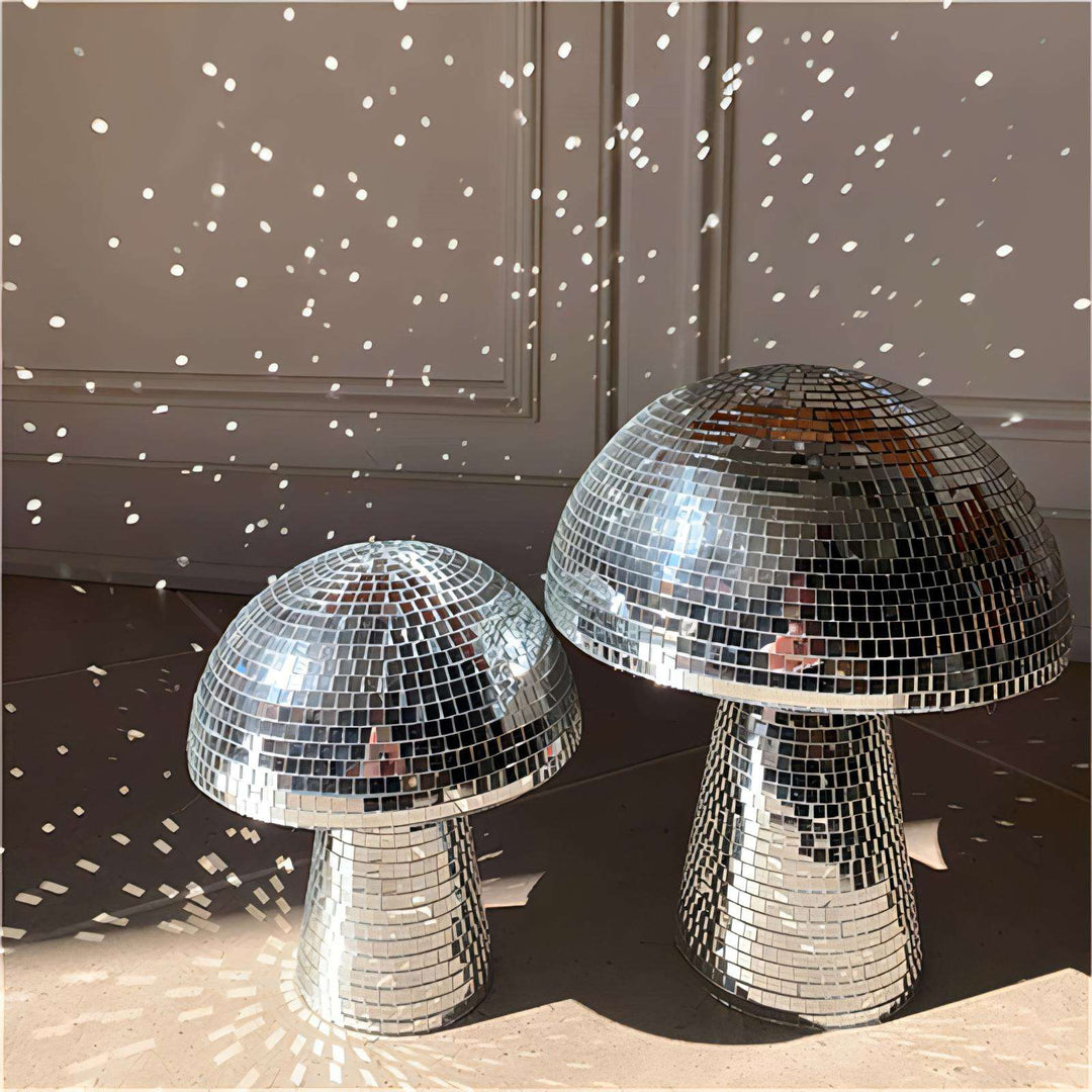 VibeCore Mushroom Disco Ball reflecting vibrant light patterns, showcasing its unique mushroom-shaped design. Perfect for adding a playful, retro vibe to your space, with colorful light reflections highlighting its whimsical, eclectic style.