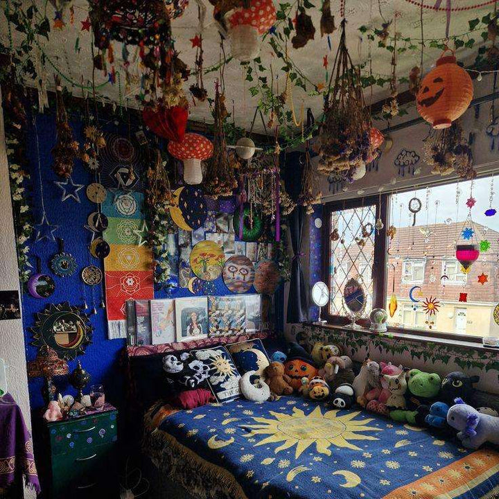 VibeCore Mushroom Lantern Pendant suspended in a grunge room, casting a cozy, whimsical glow amid the room's moody, alternative vibe.