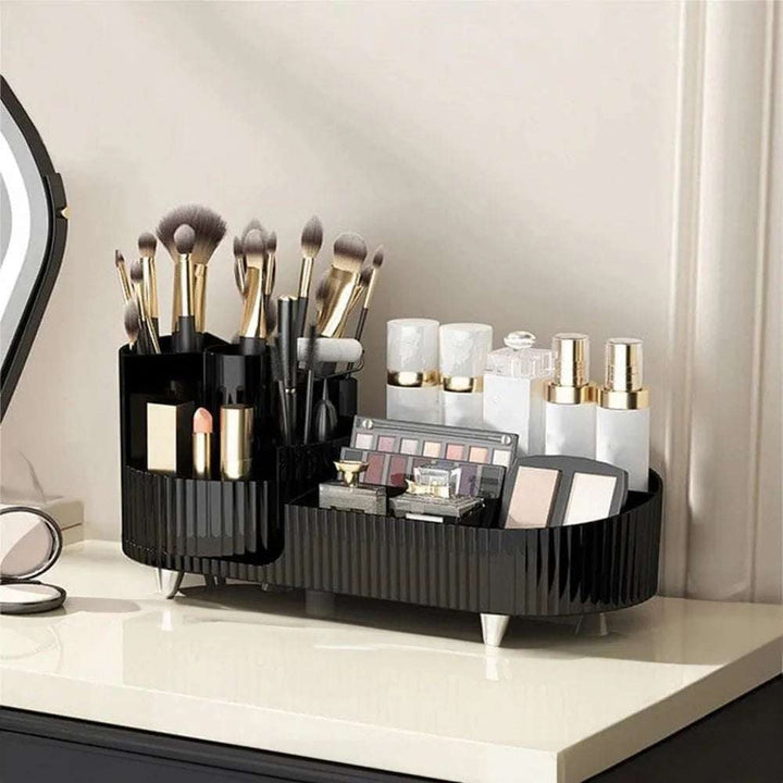VibeCore Pleated Rotating Platform Makeup Organizer in black, angled product view with cosmetics inside. Features a chic pleated design and smooth 360° rotation for easy access.