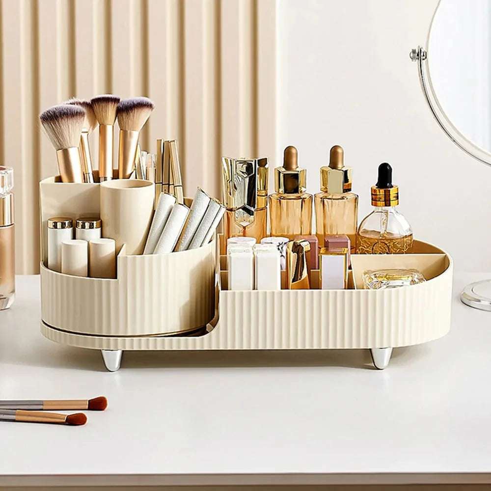 VibeCore Pleated Rotating Platform Makeup Organizer in cream, showcasing its elegant pleated design, 360° rotation, and multi-compartment storage for cosmetics and beauty essentials.