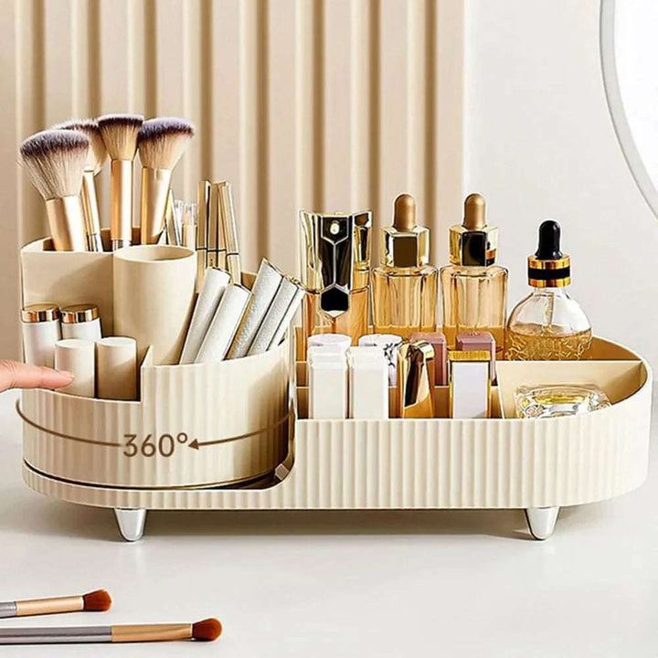 VibeCore Pleated Rotating Platform Makeup Organizer in cream, demonstrating its smooth 360° rotating feature, with compartments for organizing makeup brushes, lipsticks, and more.
