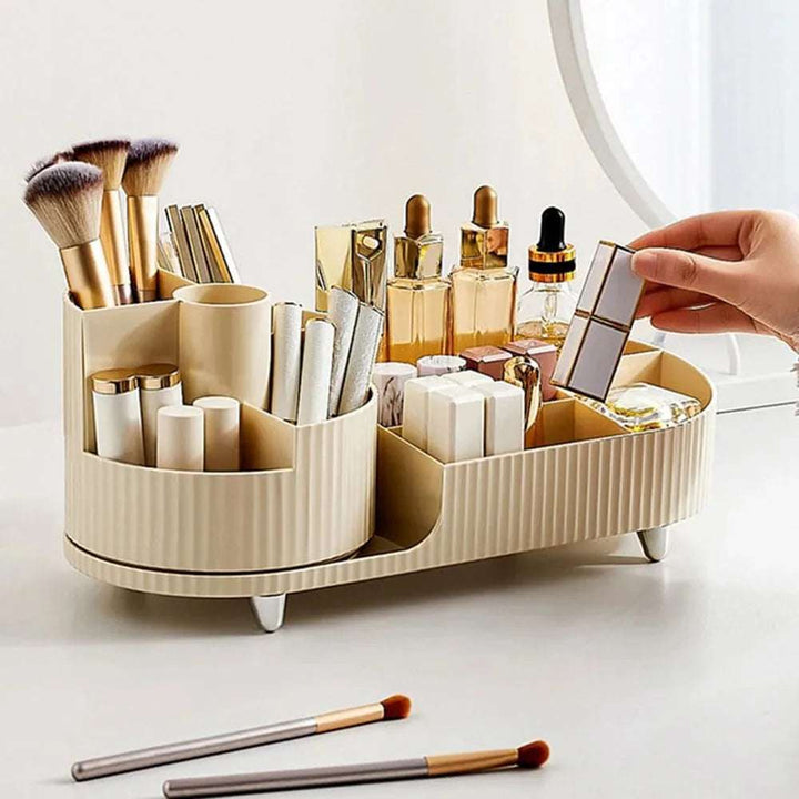 VibeCore Pleated Rotating Platform Makeup Organizer in cream, side view showing its sleek pleated design and 360° rotating functionality for easy access to beauty essentials
