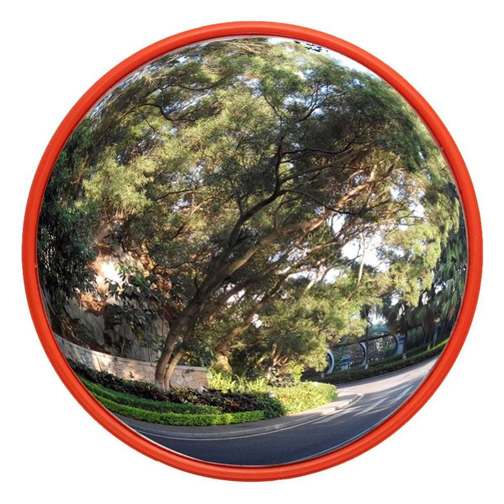 VibeCore Red Convex Traffic Mirror front view, featuring a bold red frame and wide-angle lens. The mirror’s convex design offers a clear, distortion-free reflection, enhancing visibility and providing a modern, urban vibe. Perfect for both functional use and adding an industrial-style touch to any space.