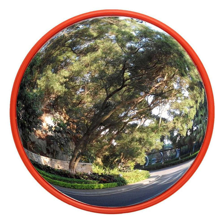 VibeCore Red Convex Traffic Mirror front view, featuring a bold red frame and wide-angle lens. The mirror’s convex design offers a clear, distortion-free reflection, enhancing visibility and providing a modern, urban vibe. Perfect for both functional use and adding an industrial-style touch to any space.